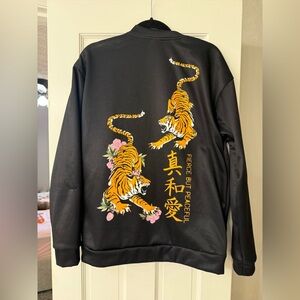Vintage Bomber Jacket Fierce  But Peaceful Black Jacket with Tigers Med